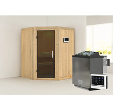 Elementsauna Karibu Larina inkl. 9 kW Bio Ofen u.ext.Steuerung ohne Dachkranz mit graphitfarbeneer Ganzglastüre