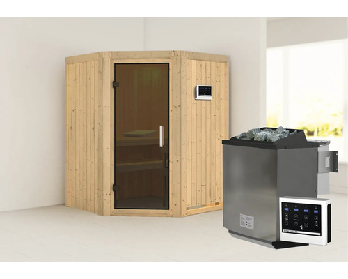 Elementsauna Karibu Larina inkl. 9 kW Bio Ofen u.ext.Steuerung ohne Dachkranz mit graphitfarbiger Ganzglastüre