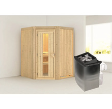 Elementsauna Karibu Larina inkl. 9 kW Ofen u.integr.Steuerung ohne Dachkranz mit Holztüre und Isolierglas wärmegedämmt