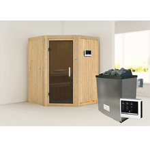 Elementsauna Karibu Larina inkl. 9 kW Ofen u.ext.Steuerung ohne Dachkranz mit graphitfarbeneer Ganzglastüre