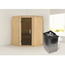 Elementsauna Karibu Larina inkl. 9 kW Ofen u.integr.Steuerung ohne Dachkranz mit graphitfarbeneer Ganzglastüre