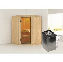 Elementsauna Karibu Larina inkl. 9 kW Ofen u.integr.Steuerung ohne Dachkranz mit bronzierter Ganzglastüre
