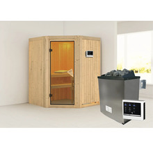 Elementsauna Karibu Larina inkl. 9 kW Ofen u.ext.Steuerung ohne Dachkranz mit bronzierter Ganzglastüre