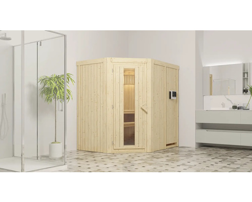 Plug & Play Sauna Karibu Laja inkl. 3,6 kW Ofen u.ext.Steuerung ohne Dachkranz mit Holztüre aus Isolierglas wärmegedämmt