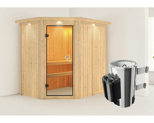 Plug & Play Sauna Karibu Laja inkl. 3,6 kW Ofen u.integr.Steuerung mit Dachkranz und bronzierter Ganzglastüre