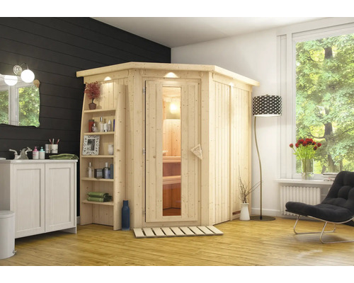 Plug & Play Sauna Karibu Achat IV ohne Ofen mit Dachkranz und Holztüre mit Isolierglas wärmegedämmt