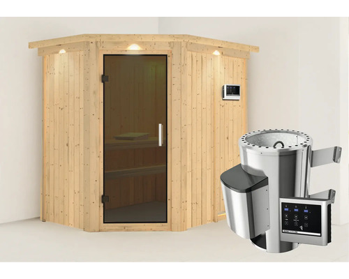 Plug & Play Sauna Karibu Laja inkl. 3,6 kW Ofen u.ext.Steuerung mit Dachkranz und graphitfarbiger Ganzglastüre Plug & Play Sauna Karibu Laja inkl. 3,6 kW Ofen u.ext.Steuerung mit Dachkranz und graphitfarbiger Ganzglastüre