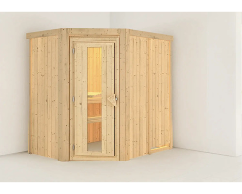 Plug & Play Sauna Karibu Laja ohne Ofen und Dachkranz mit Holztüre und Isolierglas wärmegedämmt