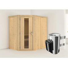 Plug & Play Sauna Karibu Laja inkl. 3,6 kW Ofen u.integr.Steuerung ohne Dachkranz mit Holztüre aus Isolierglas wärmegedämmt