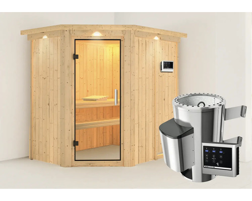 Plug & Play Sauna Karibu Laja inkl. 3,6 kW Ofen u.ext.Steuerung mit Dachkranz und Ganzglastüre aus Klarglas Plug & Play Sauna Karibu Laja inkl. 3,6 kW Ofen u.ext.Steuerung mit Dachkranz und Ganzglastüre aus Klarglas