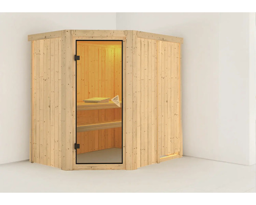 Plug & Play Sauna Karibu Laja ohne Ofen und Dachkranz mit bronzierter Ganzglastüre