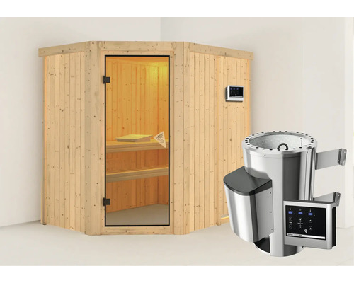 Plug & Play Sauna Karibu Laja inkl. 3,6 kW Ofen u.ext.Steuerung ohne Dachkranz mit bronzierter Ganzglastüre Plug & Play Sauna Karibu Laja inkl. 3,6 kW Ofen u.ext.Steuerung ohne Dachkranz mit bronzierter Ganzglastüre