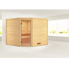 Holzsauna mit Glastür und Bänken im Innenraum