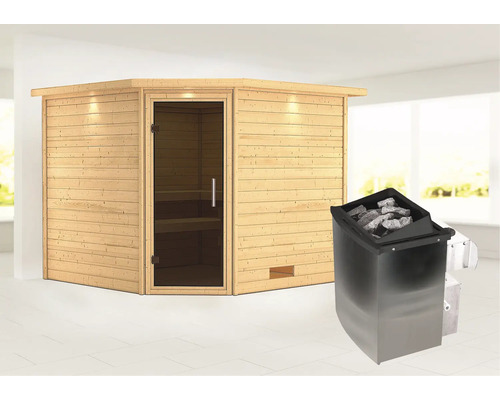 Massivholzsauna Karibu Leona inkl.9 kW Ofen u.integr.Steuerung mit Dachkranz und graphitfarbiger Ganzglastüre Massivholzsauna Karibu Leona inkl.9 kW Ofen u.integr.Steuerung mit Dachkranz und graphitfarbiger Ganzglastüre
