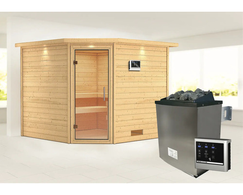 Massivholzsauna Karibu Leona inkl.9 kW Ofen u.ext.Steuerung mit Dachkranz und Ganzglastüre aus Klarglas