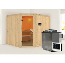 Ecksauna mit Glastür, Bedienfeld und Saunaofen mit Steinen