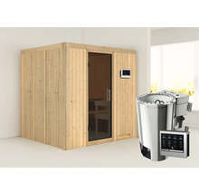 Plug & Play Sauna Karibu Maria inkl. 3,6 kW Bio Ofen u.ext.Steuerung ohne Dachkranz mit graphitfarbeneer Ganzglastüre
