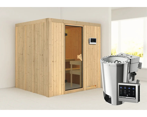 Plug & Play Sauna Karibu Maria inkl. 3,6 kW Bio Ofen u.ext.Steuerung ohne Dachkranz mit bronzierter Ganzglastüre