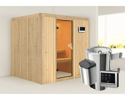 Plug & Play Sauna Karibu Maria inkl. 3,6 kW Ofen u.ext.Steuerung ohne Dachkranz mit bronzierter Ganzglastüre Plug & Play Sauna Karibu Maria inkl. 3,6 kW Ofen u.ext.Steuerung ohne Dachkranz mit bronzierter Ganzglastüre