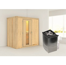 Sauna aus Holz mit Saunaofen und Saunasteinen