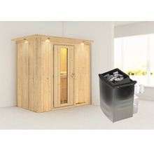 Elementsauna Karibu Mariado inkl. 9 kW Ofen u.integr.Steuerung mit Dachkranz und Holztüre mit Isolierglas wärmegedämmt