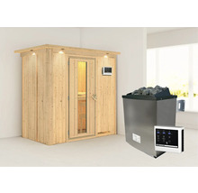 Holzsauna mit Saunaofen und Steuerung im Raum