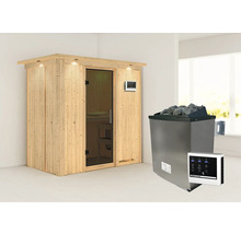 Elementsauna Karibu Mariado inkl. 9 kW Ofen u.ext.Steuerung mit Dachkranz und graphitfarbeneer Ganzglastüre