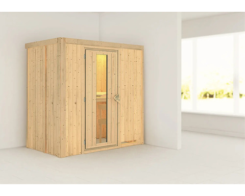Elementsauna Karibu Mariado ohne Ofen und Dachkranz mit Holztüre und Isolierglas wärmegedämmt Elementsauna Karibu Mariado ohne Ofen und Dachkranz mit Holztüre und Isolierglas wärmegedämmt
