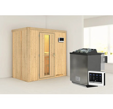 Elementsauna Karibu Mariado inkl. 9 kW Bio Ofen u.ext.Steuerung ohne Dachkranz mit Holztüre und Isolierglas wärmegedämmt