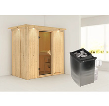 Elementsauna Karibu Mariado inkl. 9 kW Ofen u.integr.Steuerung mit Dachkranz und bronzierter Ganzglastüre