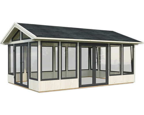 Gartenhaus mit Holzrahmen und Glasfenstern