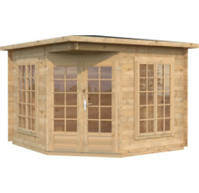 Gartenhaus aus Holz mit Fenstern und Doppeltür