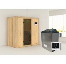 Holzsauna mit Glastür und Saunaofen mit Steinen