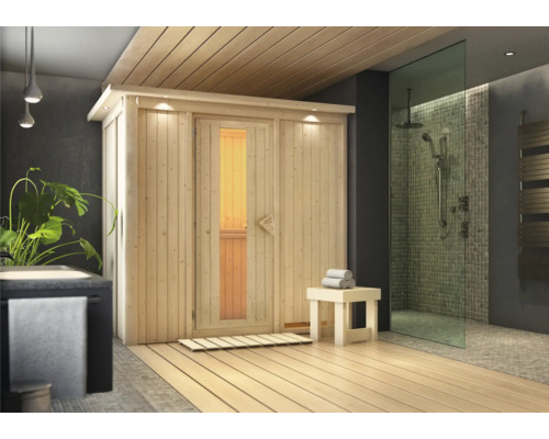 Elementsauna Karibu Mariado ohne Ofen mit Dachkranz und Holztüre mit Isolierglas wärmegedämmt Elementsauna Karibu Mariado ohne Ofen mit Dachkranz und Holztüre mit Isolierglas wärmegedämmt