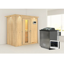 Elementsauna Karibu Mariado inkl. 9 kW Bio Ofen u.ext.Steuerung mit Dachkranz und Holztüre mit Isolierglas wärmegedämmt