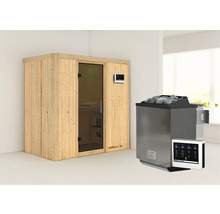 Sauna aus Holz mit Saunaofen und Steinen