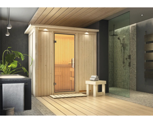 Elementsauna Karibu Mariado ohne Ofen mit Dachkranz und Ganzglastüre aus Klarglas Elementsauna Karibu Mariado ohne Ofen mit Dachkranz und Ganzglastüre aus Klarglas
