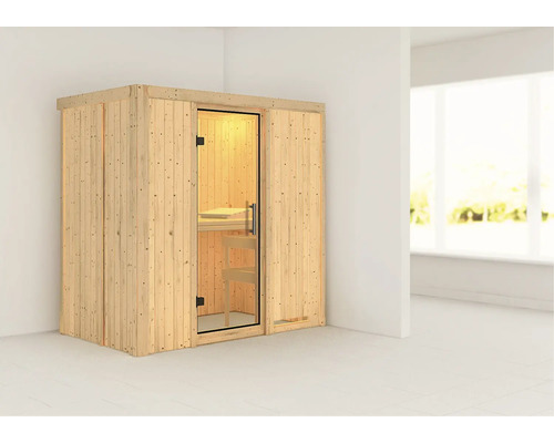 Elementsauna Karibu Mariado ohne Ofen und Dachkranz mit Ganzglastüre aus Klarglas Elementsauna Karibu Mariado ohne Ofen und Dachkranz mit Ganzglastüre aus Klarglas