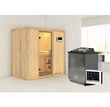 Elementsauna Karibu Mariado inkl. 9 kW Bio Ofen u.ext.Steuerung ohne Dachkranz mit Ganzglastüre aus Klarglas