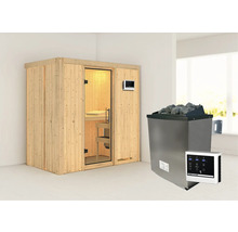 Elementsauna Karibu Mariado inkl. 9 kW Ofen u.ext.Steuerung ohne Dachkranz mit Ganzglastüre aus Klarglas