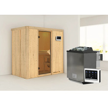 Elementsauna Karibu Mariado inkl. 9 kW Bio Ofen u.ext.Steuerung ohne Dachkranz mit bronzierter Ganzglastüre