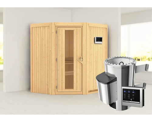 Plug & Play Sauna Karibu Monja inkl. 3,6 kW Ofen u.ext.Steuerung ohne Dachkranz mit Holztüre aus Isolierglas wärmegedämmt