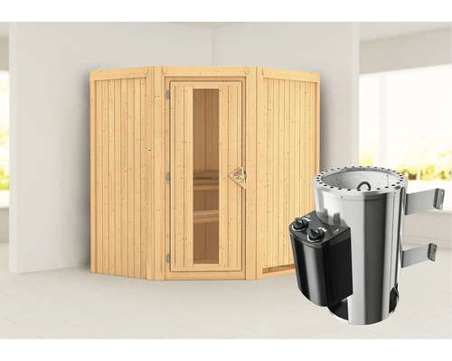 Plug & Play Sauna Karibu Monja inkl. 3,6 kW Ofen u.integr.Steuerung ohne Dachkranz mit Holztüre aus Isolierglas wärmegedämmt