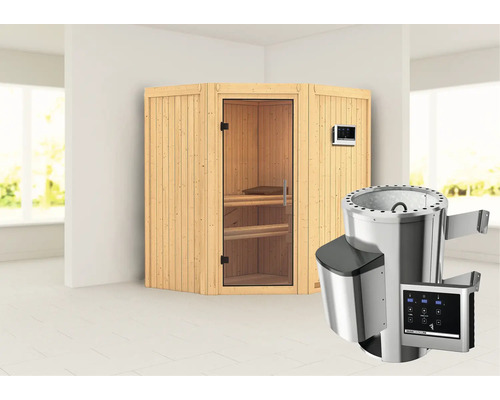 Plug & Play Sauna Karibu Monja inkl. 3,6 kW Ofen u.ext.Steuerung ohne Dachkranz mit Ganzglastüre aus Klarglas