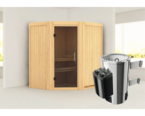 Plug & Play Sauna Karibu Monja inkl. 3,6 kW Ofen u.integr.Steuerung ohne Dachkranz mit graphitfarbiger Ganzglastüre