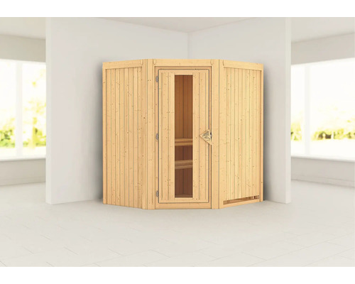 Plug & Play Sauna Karibu Monja ohne Ofen und Dachkranz mit Holztüre und Isolierglas wärmegedämmt