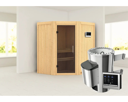 Plug & Play Sauna Karibu Monja inkl. 3,6 kW Ofen u.ext.Steuerung ohne Dachkranz mit graphitfarbiger Ganzglastüre