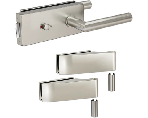 Pertura Glastürbeschlag Aiko Studio WC Edelstahl inkl. 2 Rahmenteile für Holzzargen Glastürschloss-Set mit Drückergarnitur und zwei Glasklemmen