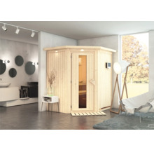 Elementsauna Karibu Maurin inkl. 9 kW Bio Ofen u.ext.Steuerung mit Dachkranz und Holztüre mit Isolierglas wärmegedämmt