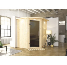 Elementsauna Karibu Maurin ohne Ofen mit Dachkranz und graphitfarbiger Ganzglastüre